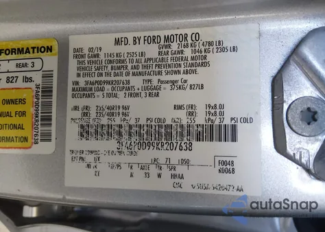 2019 Ford Fusion Titanium z USA, uszkodzony, nr VIN 3FA6P0D99KR207638